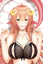  blush bra breasts hair_ornament hair_up hairclip jewelry lamia large_breasts miia_(monster_musume) monster_girl monster_musume_no_iru_nichijou orange_hair pointy_ears scales tagme tail underwear  rating:Questionable score:38 user:Sycai