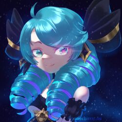 1818san_(poriechiren_ou) 1girl ahoge artist_name bare_shoulders black_bow black_dress black_sleeves bow breasts detached_sleeves dress drill_hair green_eyes green_hair grey_dress gwen_(league_of_legends) hair_bow highres league_of_legends long_hair looking_at_viewer multicolored_hair small_breasts smile solo star_(symbol) starry_background twin_drills twintails two-tone_hair rating:General score:1 user:danbooru