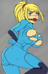  1girl arms_behind_back ball_gag bdsm blonde_hair blue_eyes bondage bound breasts christian_gois_de_oliveira colorized female_focus gag metroid nintendo nipples saliva samus_aran solo torn_clothes zero_suit 