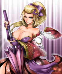 1041_(toshikazu) 1girl aqua_eyes areola_slip bare_shoulders blonde_hair bow breasts bridal_gauntlets cleavage closed_umbrella concealed_weapon covered_erect_nipples expressionless eyelashes floral_print flower fringe_trim green_eyes hair_bow hair_flower hair_ornament holding huge_breasts japanese_clothes kimono large_breasts lipstick long_hair long_sleeves looking_at_viewer makeup motion_blur motion_lines nipple_slip nipples off_shoulder outline parted_lips ponytail red_lips ribbon sash setsuka sheath shiny_skin solo soul_calibur soulcalibur soulcalibur_iv speed_lines sword tattoo umbrella unsheathing weapon wide_sleeves rating:Questionable score:107 user:danbooru
