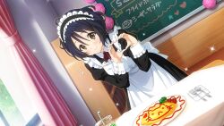  1girl 22/7 22/7_ongaku_no_jikan alternate_costume apron bendy_straw black_dress blue_hair blurry blush bookshelf brown_eyes cat chalkboard cherry_tomato classroom closed_mouth cup depth_of_field desk disposable_cup dress drinking_straw dutch_angle embarrassed enmaided flower food fork frilled_apron frills game_cg heart heart_hands highres long_sleeves looking_at_viewer maid maid_apron maid_cafe maid_headdress moe_moe_kyun! neck_ribbon non-web_source official_art omelet omurice pink_curtains pink_flower pink_rose plate red_ribbon ribbon rose school_desk short_hair solo sparkle spoon sweatdrop tablecloth takigawa_miu tomato wavy_hair wavy_mouth white_apron window 