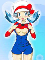  00s 1990s_(style) 1girl alternate_color blue_eyes blue_hair blush breasts breasts_out clothes_lift cosplay creatures_(company) earrings female_focus framed_breasts game_freak happy hat highres hip_focus jewelry kris_(pokemon) legs lyra_(pokemon)_(cosplay) matching_hair/eyes nintendo nipples open_mouth overalls pokemon pokemon_gsc pokemon_hgss retro_artstyle shiny_skin shirt_lift shorts solo suspenders takappe tongue twintails undressing  rating:Questionable score:26 user:sytalidis