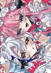  1boy 1girl :d :o bandaid bandaid_on_neck bell blue_bow blue_hair blue_nails bow collar fingernails gradient_hair hair_between_eyes heart highres jingle_bell mars_symbol mole mole_under_eye multicolored_hair nail_polish name_tag neck_bell open_mouth original pink_background pink_bow pink_collar pink_hair pink_nails shiozaki_ise short_hair sideways simple_background smile teeth trap two-tone_hair upper_teeth_only wavy_eyes white_collar white_hair 
