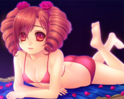 1girl amy_sorel barefoot bikini breasts butt_crack byuune cleavage drill_hair feet lips lowres lying on_stomach petals red_eyes red_hair short_twintails solo soul_calibur soulcalibur swimsuit twintails rating:Questionable score:42 user:danbooru