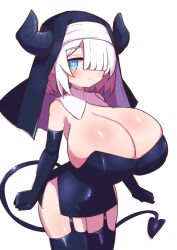  1girl arms_at_sides blue_dress blue_eyes blue_gloves blue_hat blue_thighhighs blush breasts cleavage collar cowboy_shot demon_girl demon_horns demon_tail detached_collar dress elbow_gloves expressionless eyebrows female_focus garter_straps gloves habit hair_over_one_eye hat horns huge_breasts leaning_forward looking_at_viewer medium_hair nun original pointy_ears shortstack siglk simple_background solo standing strapless strapless_dress tail thighhighs two-tone_hat white_background white_collar white_hair white_hat  rating:Questionable score:13 user:Only_Kemonomimi