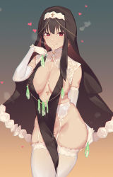 1girl bare_shoulders black_hair blush breasts caisan center_opening condom covered_erect_nipples cross cross_earrings cum cum_in_mouth cum_on_body cum_on_breasts cum_on_lower_body cum_on_upper_body earrings facial garter_belt garter_straps gloves gokkun groin heart heart-shaped_pupils jewelry large_breasts latin_cross looking_at_viewer multiple_condoms nipple_slip nipples no_bra no_panties nun pelvic_curtain red_eyes revealing_clothes sidelocks smile solo spy_x_family stray_pubic_hair symbol-shaped_pupils thighhighs used_condom veil white_gloves yor_briar rating:Explicit score:208 user:danbooru