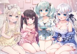  4girls :d :q bare_shoulders black_bow black_hair bloomers blue_eyes blue_hair blue_jacket blurry blurry_background blush bow braid breasts camisole character_request cleavage collaboration_request collarbone collared_shirt commentary_request controller depth_of_field dress dress_shirt fang game_controller gradient_hair grey_eyes grey_hair hair_bow hair_ornament hairclip holding hoshi_(snacherubi) indie_virtual_youtuber jacket kneehighs long_hair long_sleeves medium_breasts mitsuba_choco mitsuba_choco_(vtuber) mole mole_under_eye multicolored_hair multiple_girls off_shoulder open_clothes open_jacket open_mouth pink_camisole pink_hair pink_jacket plaid plaid_bow puffy_long_sleeves puffy_sleeves purple_hair shirt short_shorts shorts sitting sleeveless sleeveless_dress sleeves_past_wrists smile socks star_(symbol) star_hair_ornament streaked_hair striped_clothes striped_socks suimya suimya_(vtuber) teardrop tongue tongue_out twintails underwear very_long_hair wavy_mouth white_bloomers white_dress white_shirt white_shorts white_socks x_hair_ornament yellow_dress yokozuwari 