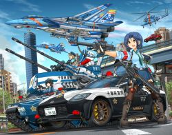  1girl 5others aerial_bomb aiguillette aim-54_phoenix aim-7_sparrow aim-9_sidewinder air-to-air_missile air-to-surface_missile aircraft airplane anti-aircraft anti-aircraft_gun armband assault_rifle autocannon baton baton_(weapon) belt beyond-visual-range_missile black_belt black_footwear black_hair black_hat black_skirt black_thighhighs blonde_hair blouse blue_eyes blue_hair blue_jumpsuit blue_pants blue_shirt blue_sky boots building bullpup calico_light_weapons_systems calico_m960 calico_m960a cannon carbine city cloud cloudy_sky collared_shirt commentary_request crossed_legs day double-stack_magazine emblem expandable_baton f-14_tomcat f-18_hornet fighter_jet garter_straps general-purpose_bomb gloves goggles goggles_on_headwear green_armband green_necktie guided_bomb gun handgun hat helical_magazine helicopter helmet high-capacity_magazine highres holding holding_gun holding_weapon holster japanese_flag japanese_national_police_agency_(emblem) jet jumpsuit lamppost leaning_back looking_to_the_side machine_pistol mikeran_(mikelan) military military_vehicle mini_uzi miniskirt motor_vehicle multiple_others necktie nissan nissan_fairlady nissan_fairlady_z oerlikon_gdf oerlikon_gdf_35_mm_twin_cannon open_mouth orange_eyes original outdoors pants partial_commentary paveway peaked_cap pilot pistol police police_hat police_uniform policewoman power_lines precision-guided_munition red_armband rifle roundel scope self-propelled_anti-aircraft-gun self-propelled_anti-aircraft_weapon self-propelled_gun shadow shirt shoes short_hair shoulder_holster side_slit sitting skirt sky sleeves_rolled_up smile solo standing submachine_gun tank tank_helmet thigh_strap thighhighs trigger_discipline turret type_87_self-propelled_anti_aircraft_gun uniform uzi v-shaped_eyebrows vehicle_focus weapon weapon_request white_gloves  rating:Sensitive score:14 user:danbooru
