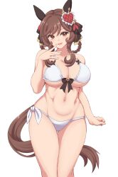 absurdres animal_ears bikini blush braid breasts brown_hair ear_covers gentildonna_(umamusume) hair_ornament hair_ribbon hakutaqanta hand_on_own_face heart heart_hair_ornament highres horse_ears horse_girl horse_tail large_breasts looking_at_viewer medium_hair navel open_mouth red_eyes ribbon simple_background smile swimsuit tail toned umamusume white_background white_bikini 