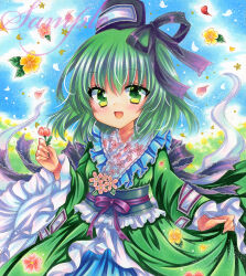  1girl black_hat day dress embellished_costume floral_print flower ghost_tail green_dress green_eyes green_hair hand_up hat holding holding_flower long_sleeves looking_at_viewer marker_(medium) medium_hair ofuda ofuda_on_clothes open_mouth outdoors petals red_flower rui_(sugar3) sample_watermark skirt_hold smile soga_no_tojiko solo tate_eboshi touhou traditional_media upper_body watermark wide_sleeves yellow_flower 