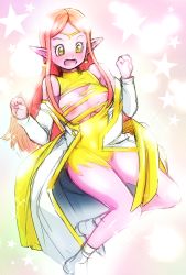  10s 1girl :o areola_slip blush breasts chronoa circlet colored_skin commentary_request dragon_ball dragon_ball_heroes dragon_ball_xenoverse earrings highres jewelry large_breasts long_hair aged_up pink_hair pink_skin pointy_ears pomeranianko potara_earrings solo star_(symbol) supreme_kai_of_time torn_clothes yellow_eyes 