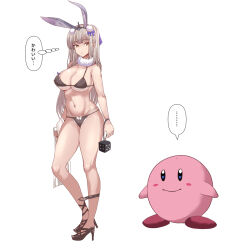  1girl animal_ears bikini black_bikini black_footwear blue_bow bow breasts cleavage closed_mouth commentary_request crossover expressionless full_body grey_hair hair_bow high_heels highres holding_dice kaavi kirby kirby_(series) large_breasts long_hair looking_to_the_side mahjong_soul nintendo pun rabbit_ears rabbit_girl simple_background swimsuit tataeroero white_background 