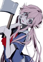  1girl axe baba2499 blue_shirt crazy_eyes crazy_smile crossed_bangs from_side gasai_yuno hand_on_own_cheek hand_on_own_face head_tilt highres holding holding_axe long_hair looking_at_viewer low_twintails mirai_nikki open_mouth pink_eyes pink_hair school_uniform shirt simple_background smile solo sweat twintails upper_body white_background wide-eyed 