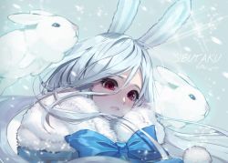  1girl animal_ears bad_id bad_pixiv_id blue_bow blush bow rabbit rabbit_ears hwayoung long_hair looking_away mole mole_under_eye original parted_lips red_eyes ribbon snow solo teeth twintails twitter_username upper_body white_hair 