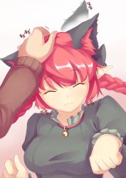  1girl :3 animal_ears bell neck_bell braid breasts cat_ears cat_girl collar dress ear_wiggle extra_ears closed_eyes green_dress hand_on_another&#039;s_head head_pat juliet_sleeves kaenbyou_rin large_breasts long_sleeves paw_pose headpat pointy_ears pov pov_hands psychopath_idiot puffy_sleeves red_hair solo_focus touhou twin_braids upper_body  rating:Sensitive score:14 user:danbooru