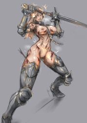  1girl armor armored_boots arrow_(projectile) arrow_in_body blonde_hair blood blood_on_breasts blood_on_leg boots breasts broken broken_chain buckle chain cleft_of_venus clitoris_piercing collar couter cross cuffs cuisses cuts female_knight fighting fighting_stance full_body functionally_nude gauntlets greaves grey_background high_heels highres holding holding_sword holding_weapon injury knight large_breasts long_hair looking_to_the_side metal_collar midriff motion_lines naked_armor navel nipple_piercing nipples nude original piercing poleyn pubic_tattoo pussy_piercing rerebrace sirpetus slave solo standing steaming_body struggling sweat sword tattoo weapon wrist_cuffs yellow_eyes zweihander 