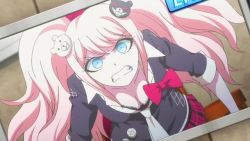  10s angry animated animated_gif blonde_hair blue_eyes bow breasts cleavage danganronpa_(series) enoshima_junko necktie  rating:Sensitive score:29 user:WasUpRo