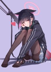  1girl absurdres animal_ears artist_name black_choker black_hair black_hoodie black_pantyhose blue_archive cat_ears choker closed_mouth commentary_request extra_ears feet full_body hand_up head_rest heart highres hood hood_down hoodie kazusa_(blue_archive) knees_up legs long_legs long_sleeves looking_at_viewer no_shoes open_mouth panties panties_under_pantyhose pantyhose pantyshot pink_eyes pink_hair purple_background saltedfishmax simple_background sitting sleeves_past_wrists smile soles solo thighband_pantyhose thighs toes underwear 