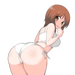 1girl ass bent_over blush bra brown_eyes brown_hair cat_lingerie frilled_bra frills from_behind girls_und_panzer highres leaning_forward light_frown lingerie looking_at_viewer looking_back meme_attire nishizumi_miho open_mouth panties short_hair side-tie_panties simple_background skindentation solo standing sweatdrop underwear underwear_only white_background white_bra white_panties yabai_gorilla rating:Sensitive score:81 user:danbooru
