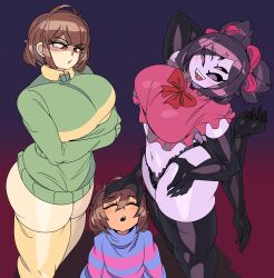  1other 2girls absurdres ambiguous_gender arthropod_girl black_gloves breasts brown_hair bug captain_kirb chara chara_(undertale) closed_eyes elbow_gloves frisk_(undertale) gloves gradient_background hand_on_another&#039;s_head hetero highres huge_breasts insect_girl large_breasts leggings muffet multi_arm multi_limb multiple_girls panties purple_eyes purple_hair red_eyes simple_background spider spider_girl thick_thighs thighs undertale underwear 