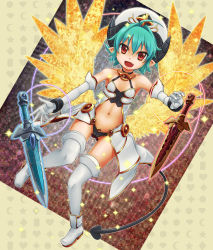  +_+ 1girl aqua_eyes arcana_trust bare_shoulders boots bracer choker crescent demon_girl demon_horns demon_tail diamond_(shape) elbow_gloves fang flat_chest gloves hat heart highres horns huster_ham low_wings midriff navel open_mouth pointy_ears red_eyes shinrabanshou short_hair solo sword tail thighhighs weapon white_gloves white_thighhighs wings 