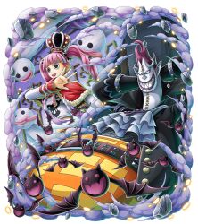 1boy 1girl arched_crown ascot black_eyes black_gloves commentary crown english_commentary fur_trim gecko_moria ghost gloves gothic_lolita horns lolita_fashion long_hair long_sleeves looking_at_viewer looking_to_the_side official_art one_piece one_piece_treasure_cruise perona pink_hair pointy_ears red_crown rock sharp_teeth teeth twintails white_ascot 