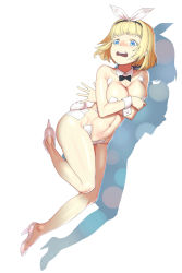 1girl black_hairband black_neckwear blonde_hair blue_eyes bow bow_hairband breasts cleavage collarbone covering_privates covering_breasts cropped_arms detached_collar hair_bow hairband high_heels highres medium_breasts navel open_mouth pump saionji_usagi shadow short_hair simple_background solo soramiruku taimadou_gakuen_35_shiken_shoutai wavy_mouth white_background white_bow white_footwear wing_collar wrist_cuffs