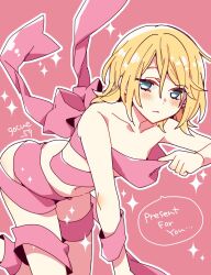  1girl 59_(seventhstar) all_fours blonde_hair blush bow collarbone embarrassed flat_chest gift_wrapping hair_down kagamine_rin messy_hair naked_ribbon navel pink_background pink_bow pink_ribbon pink_theme pulled_by_self ribbon short_hair sideways_glance solo sparkle twitter_username vocaloid  rating:Questionable score:10 user:danbooru