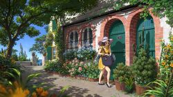  1girl :t bag brown_hair building commentary_request day dress flower hat highres house italy ivy lorenzo_lanfranconi original plant potted_plant scenery shade short_hair short_sleeves solo summer sun_hat tree watch wide_shot wristwatch yellow_dress  rating:Sensitive score:4 user:danbooru