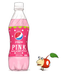  animal_focus blue_eyes bulbmin commentary_request fang leaf looking_at_object naru_(wish_field) nintendo no_humans nostrils open_mouth oversized_object pepsi pikmin_(series) polka_dot shadow simple_background soda soda_bottle white_background 