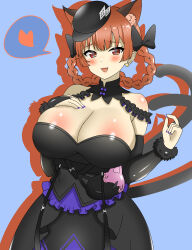  1girl :d absurdres alternate_costume bare_shoulders black_dress black_hat black_nails blue_background blush braid breasts commentary_request commission detached_collar dress fur_trim hand_on_own_chest hat heart highres huge_breasts kaenbyou_rin kaenbyou_rin_(pikara_flame) long_sleeves looking_at_viewer open_mouth peaked_cap red_eyes red_hair shirokumall side_braids simple_background skeb_commission smile solo spoken_heart touhou touhou_lostword twin_braids 