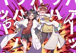  2girls absurdres agnes_tachyon_(umamusume) ahiru_taii ahoge animal_ears black_hair blue_archive brown_eyes brown_hair collared_shirt commentary_request controller crossover demon_horns earrings explosion grey_pantyhose hair_between_eyes hair_intakes highres holding holding_remote_control holding_test_tube horns horse_ears horse_girl jewelry kasumi_(blue_archive) lab_coat laughing long_hair long_sleeves multiple_girls open_mouth pantyhose purple_background red_shirt remote_control shirt short_hair short_shorts shorts single_earring sleeves_past_fingers sleeves_past_wrists sweater tail test_tube trait_connection uesaka_sumire umamusume voice_actor_connection yellow_eyes yellow_sweater zipper zipper_pull_tab 