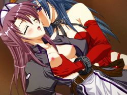    2girls artist_request blue_hair blush grabbing_another&#039;s_breast breasts character_request covered_erect_nipples source_request yuri  rating:Questionable score:12 user:fondofall