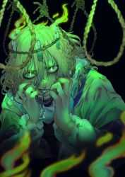  1girl biting black_background blonde_hair blush brown_shirt burning candle closed_mouth commentary_request crazy_eyes curly_hair eye_contact eyeshadow flaming_eye green_eyes green_theme hair_between_eyes hat highres long_bangs long_sleeves looking_at_another looking_at_viewer makeup messy_hair miujo mizuhashi_parsee nail_biting noose pointy_ears rope scalpel scarf shirt short_hair solo touhou upper_body white_scarf yamazaki_tsukune  rating:General score:8 user:borgo42