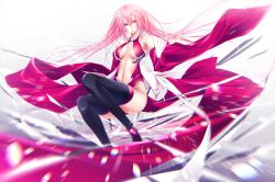  1girl bare_shoulders black_thighhighs blue_eyes blurry breasts center_opening cleavage commentary_request cosplay depth_of_field detached_sleeves fingerless_gloves floating_hair flower foreshortening gloves guilty_crown hair_flower hair_ornament heterochromia highres long_hair looking_at_viewer medium_breasts navel open_mouth original pink_hair red_eyes red_gloves red_sheet solo thighhighs white_background yoaferia yuzuriha_inori yuzuriha_inori_(cosplay) 