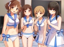  4girls aiba_yumi bare_shoulders bikini blonde_hair blue_bow blue_eyes blue_neckerchief blue_sailor_collar blue_trim blurry blurry_background blush bow bow_bikini breasts brown_eyes brown_hair cleavage clenched_hands closed_mouth collarbone cowboy_shot dot_nose flower_bracelet hair_between_eyes hair_bow hair_ribbon hands_up highres idolmaster idolmaster_cinderella_girls idolmaster_cinderella_girls_starlight_stage large_breasts long_hair looking_at_viewer medium_breasts mmmakaron888 multiple_girls navel neckerchief nitta_minami one-piece_swimsuit open_hand open_mouth own_hands_together ribbon sagisawa_fumika sailor_collar sailor_swimsuit_(idolmaster) short_hair shy signature smile standing star_bracelet swimsuit swimsuit_skirt totoki_airi twintails white_bikini white_one-piece_swimsuit white_ribbon 