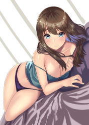 1girl bare_shoulders blue_eyes blush bow bow_panties breasts brown_hair cleavage collarbone copyright_request dutch_angle highres kagematsuri lace_trim large_breasts long_hair looking_at_viewer lying navel on_bed on_side panties pillow purple_panties solo stomach strap_slip underwear rating:Sensitive score:39 user:danbooru
