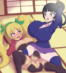  1futa 1girl absurdres ball_bra black_hair black_thighhighs blonde_hair blunt_bangs bosomancer breasts bulge censored cleavage clothed_sex condom condom_on_penis curvy eye_contact full-package_futanari futa_with_female futanari green_eyes hair_bun highres huge_breasts huge_penis huge_testicles indoors japanese_house large_breasts large_testicles long_hair looking_at_another lying mosaic_censoring newhalf no_panties on_back on_floor panties penis pink_eyes purple_skirt sex shouji skirt sliding_doors tatami testicles thighhighs twintails underwear vaginal  rating:Explicit score:54 user:ddfaaswawef