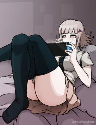  1girl ass breasts danganronpa_(series) highres large_breasts mosbles nanami_chiaki nintendo_switch playing_games solo tagme thighhighs upskirt  rating:Questionable score:129 user:xyzxyzxyz