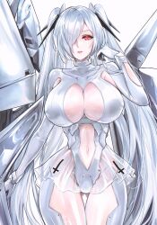  1girl arm_up breasts cinderella_(nikke) cleavage_cutout clothing_cutout facing_viewer goddess_of_victory:_nikke hair_ornament hair_over_one_eye highres large_breasts long_hair navel navel_cutout nvalkyrja parted_lips red_eyes see-through simple_background skin_tight solo stomach thick_thighs thighs translucent twintails upper_body white_background white_hair 