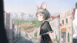  1girl absurdres animal_ears black_capelet blue_bow bow capelet glasses grey_eyes grey_hair hair_bow highres house looking_at_viewer mountain mouse_ears mouse_girl original outdoors parted_lips round_eyewear short_hair solo_focus upper_body yakikoke 