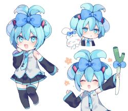  1girl :3 :d aqua_eyes aqua_hair aqua_necktie arm_tattoo arm_up black_sleeves black_thighhighs blue_bow blue_nails blush bow chestnut_mouth chibi cinnamiku cinnamoroll closed_eyes collared_shirt commentary detached_sleeves flower_(symbol) food grey_shirt hair_between_eyes hair_bow happy hatsune_miku headphones holding holding_food holding_spring_onion holding_vegetable long_hair long_sleeves looking_at_viewer mogu_(wy5xrt7w) multiple_views nail_polish necktie open_mouth sanrio shirt simple_background smile spring_onion standing standing_on_one_leg tattoo thighhighs updo vegetable vocaloid white_background 