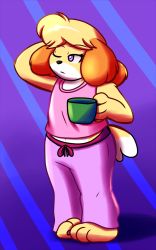  animal_crossing blouse blue_background cup highres isabelle_(animal_crossing) mug nintendo one_eye_closed pants purple_background purple_eyes purple_pants purple_shirt shaking_head shirt source_request standing striped striped_background tired  rating:Sensitive score:2 user:liquorice