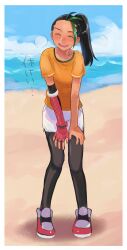  1girl :d adapted_costume beach black_hair blush closed_eyes commentary_request creatures_(company) day fingerless_gloves freckles game_freak gloves highres leaning_forward multicolored_hair nemona_(pokemon) nintendo open_mouth orange_shirt outdoors pantyhose penguinbu pokemon pokemon_sv ponytail sand shirt shoes shore short_sleeves shorts single_glove sky smile solo standing sweat teeth two-tone_hair upper_teeth_only water white_shorts 