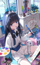  1girl black_hair bloomers blue_eyes bow bowtie bucket doll feathers highres holding holding_paintbrush holding_palette leotard leotard_under_clothes liclac long_hair long_sleeves looking_at_viewer original ouija paintbrush paintbrush_in_mouth painting_(action) palette_(object) petals signature solo straw_doll turtleneck underwear voodoo_doll window 