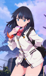  1girl arm_behind_back black_hair blue_eyes cardigan closed_mouth commentary_request gridman_universe highres holding holding_phone long_hair looking_at_viewer microskirt official_art orange_scrunchie phone sakamoto_masaru school_uniform scrunchie second-party_source skirt smile solo ssss.gridman standing takarada_rikka thick_thighs thighs wrist_scrunchie  rating:Sensitive score:42 user:danbooru