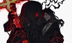  1boy 1girl black_hair blood_vessels claws cross elena_(project_moon) evil_smile extra_arms formal glowing glowing_eyes highres holding holding_weapon kelala_r library_of_ruina long_hair looking_down project_moon red_eyes sketch smile suit the_vermillion_cross vampire very_long_hair weapon white_background zombie  rating:General score:3 user:danbooru
