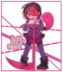  akumu_(glitchtale) background-color bete_noire boots brown_hair glitchtale pink_eyes pink_hair pink_shirt purple_shirt red_skirt scythe shirt short_hair skirt smile wearing_clothes white_background  rating:General score:1 user:Montegago