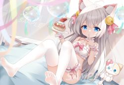  1girl ahoge animal_ear_fluff animal_ears bed bell blue_eyes blush bra breasts cake cat_ears cat_girl chill-tiamo cleavage feet female_focus finger_to_mouth food grey_hair hair_ornament jingle_bell loli long_hair looking_at_viewer no_shoes original panties plate see-through sitting soles solo stuffed_animal stuffed_toy thighhighs toes underwear underwear_only white_bra white_panties white_thighhighs wind_chime  rating:Questionable score:67 user:danbooru