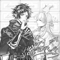  1boy 1girl absurdres arknights bare_shoulders capelet character_request check_character chinese_commentary closed_eyes closed_mouth commentary_request dragon_girl dragon_horns greyscale halftone hand_to_own_mouth hand_up happy_valentine high_collar highres horns jewelry long_hair long_sleeves looking_down monochrome necklace off_shoulder parted_lips pointy_ears profile shirt short_hair shu_(arknights) smile strapless tube_top upper_body valentine xinjinjumin_(triangle-029) zuo_le_(arknights) 